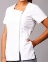 Tunics > Samba tunic - White or Black with metalic zipper Ladies short sleeve tunic. Zipper and details in contrast metalic look. Asymmetric neck cut. Side vents for greater mobility. 2 darts at the back for a fitted cut. 