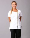 Tunics > Samba tunic - White or Black with metalic zipper Ladies short sleeve tunic. Zipper and details in contrast metalic look. Asymmetric neck cut. Side vents for greater mobility. 2 darts at the back for a fitted cut. 