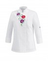 Chefs jackets > Flowers Jacket - Embroided Ladies long sleeve chef jacket with floral embroidery. Fastens with press studs. Left sleeve pocket.